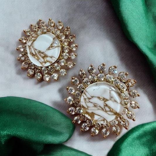 White Stone Sunburst Stud Earrings | Gold CZ Statement Studs | Bridal & Party Jewelry
