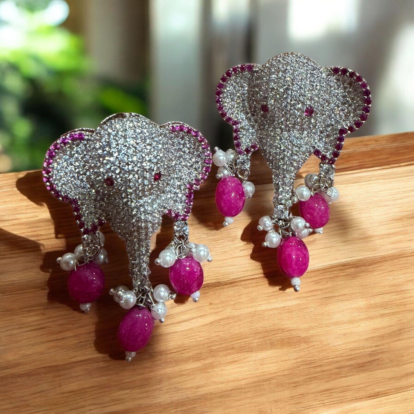 Elephant CZ Pearl Drop Earrings | Green or Pink Statement Animal Earrings | Bridal & Festive Jewelry