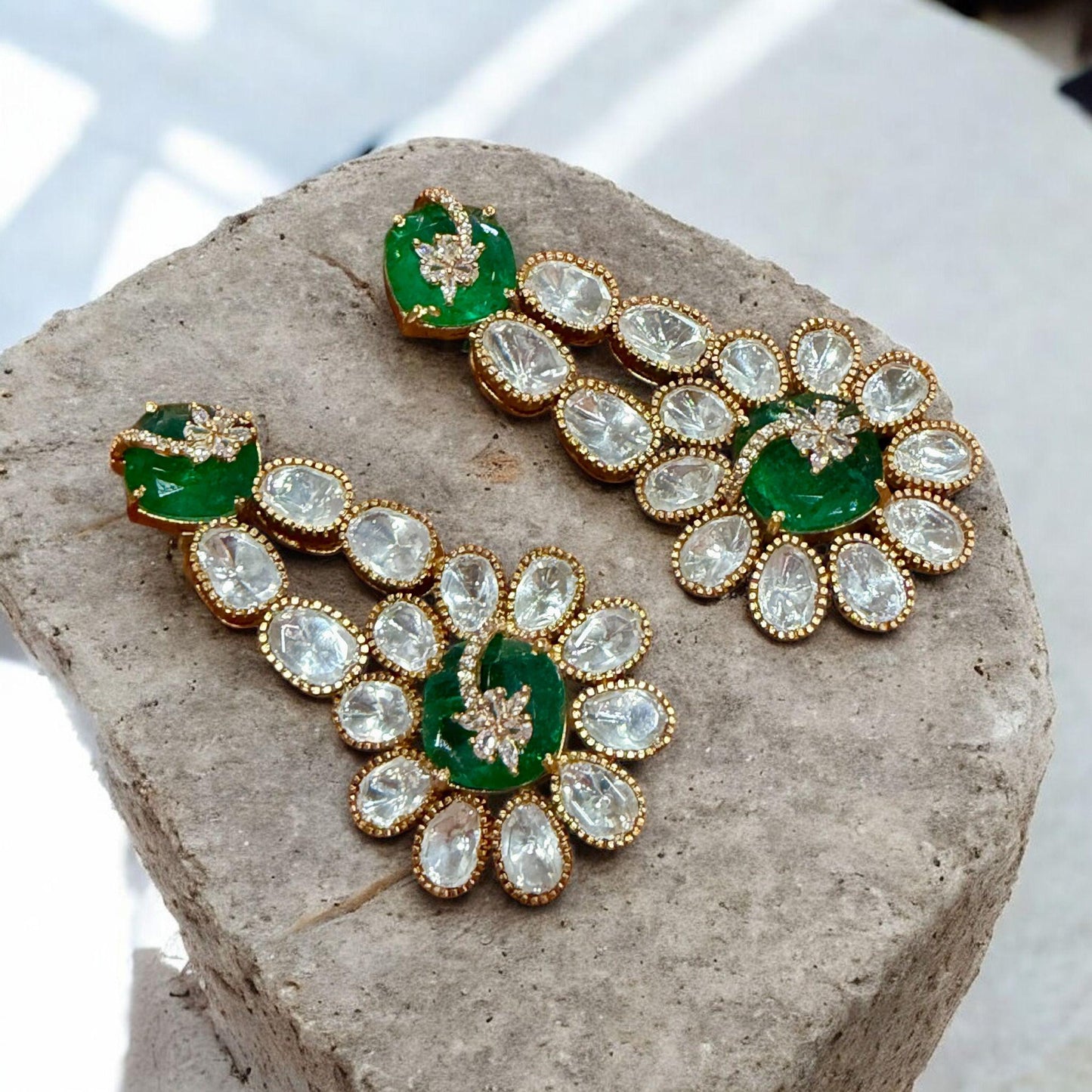 Emerald Green Floral monzonite designer Earrings | Gold CZ Chandelier Statement Earrings | Indian Bridal Jewelry