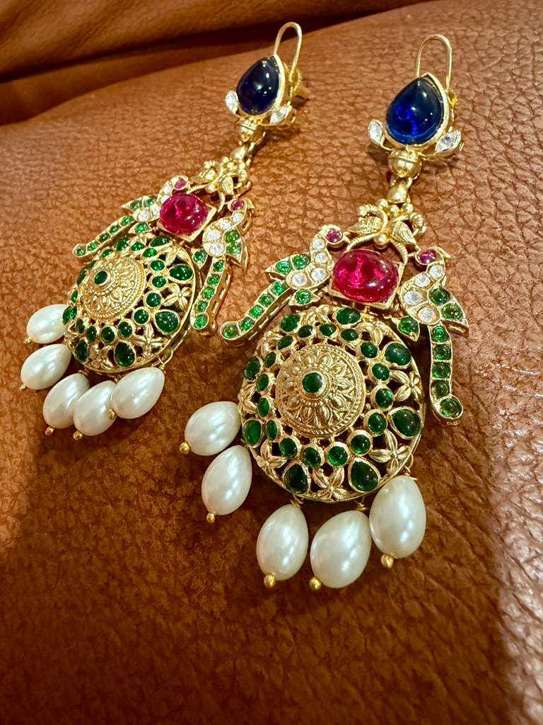 Gold Tone Kundan Pearl Drop Earrings | Multicolor Bridal Statement Earrings | Traditional Indian Wedding Jewelry