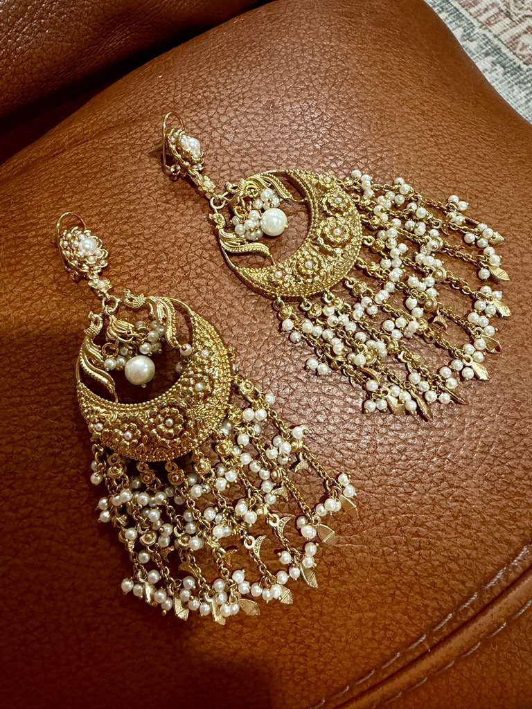 Royal Pearl Crescent Chandelier Earrings | Long Indian Jhumka Earrings | Bridal Traditional Jewelry women gift