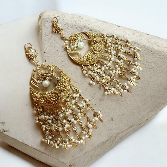 Royal Pearl Crescent Chandelier Earrings | Long Indian Jhumka Earrings | Bridal Traditional Jewelry women gift