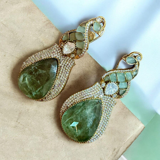 Light Green Teardrop Earrings | Mughal-Inspired Stonework Drops | Luxe Evening Statement Jewelry