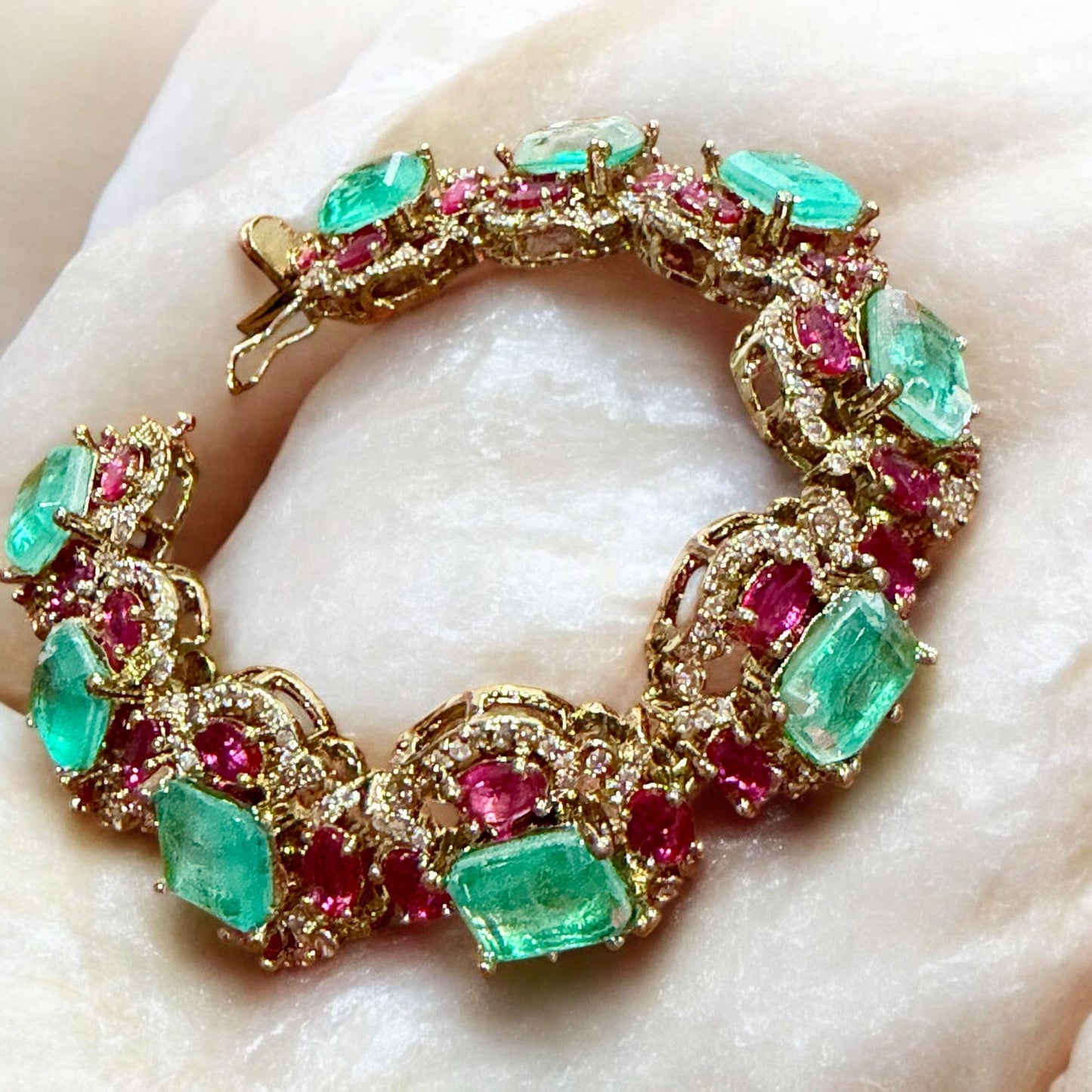 Mint green & Ruby Link Bracelet | Vintage-Inspired Statement Bracelet | Bridal Heirloom Style Jewelry