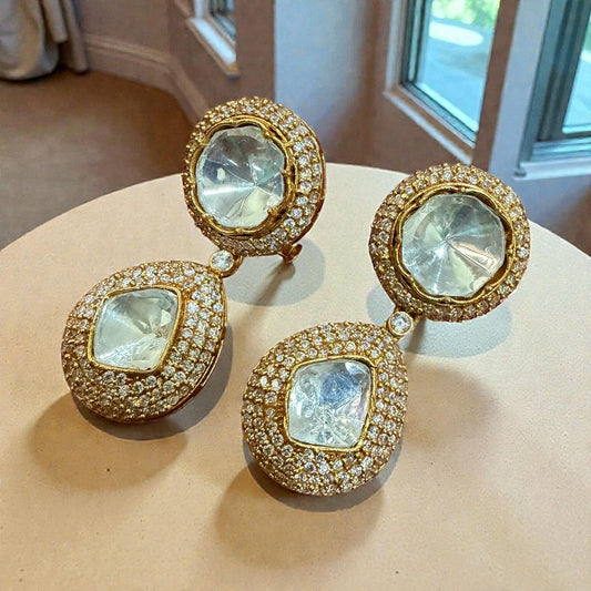 Gold Tone Double Drop Earrings | Clear Stone Pavé Bridal Jewelry