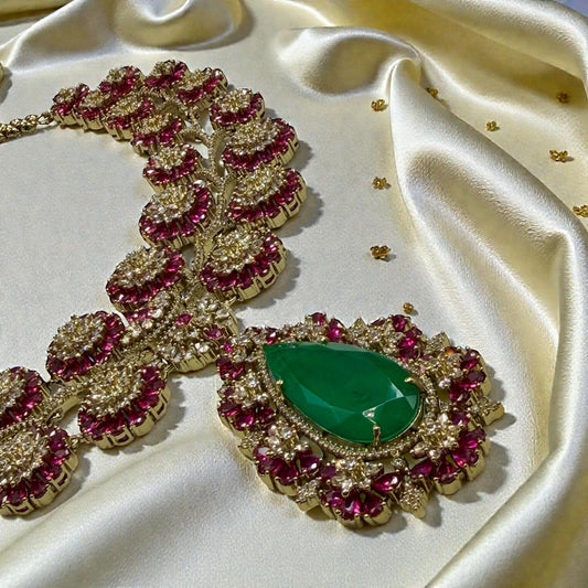 Floral Statement Necklace Set with Green Teardrop Pendant | Bold Necklace & Earrings