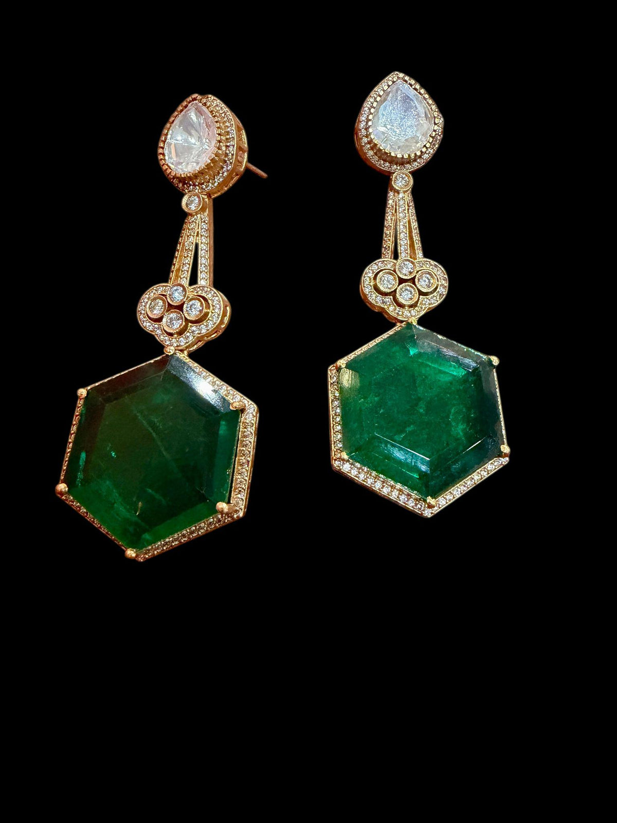 Emerald Green Hexagon Drop Earrings | Gold Bridal Statement Earrings with CZ | Indian Wedding Jewelry