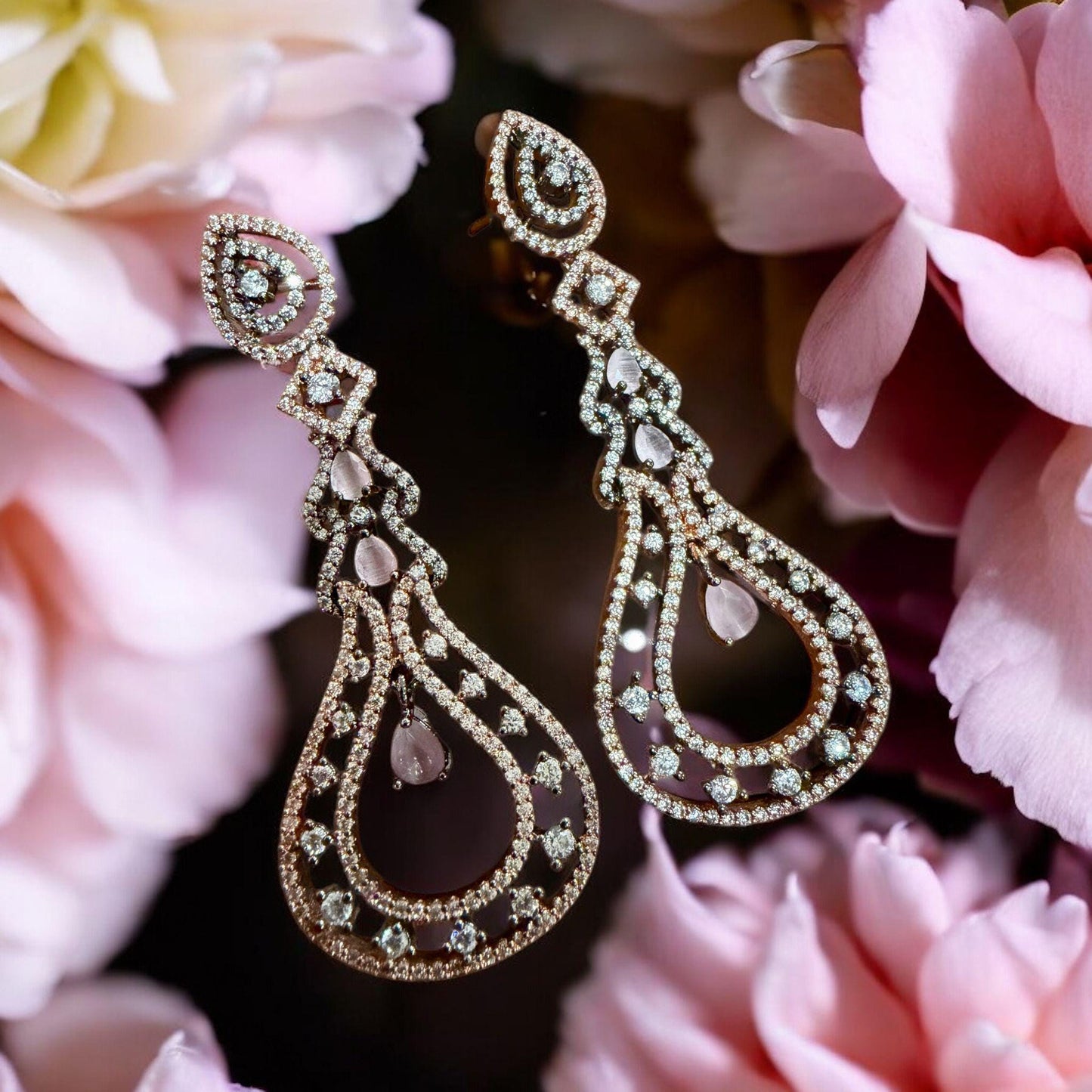 Pink Teardrop high end Earrings | CZ Crystal Bridal Statement Earrings | Wedding Jewelry
