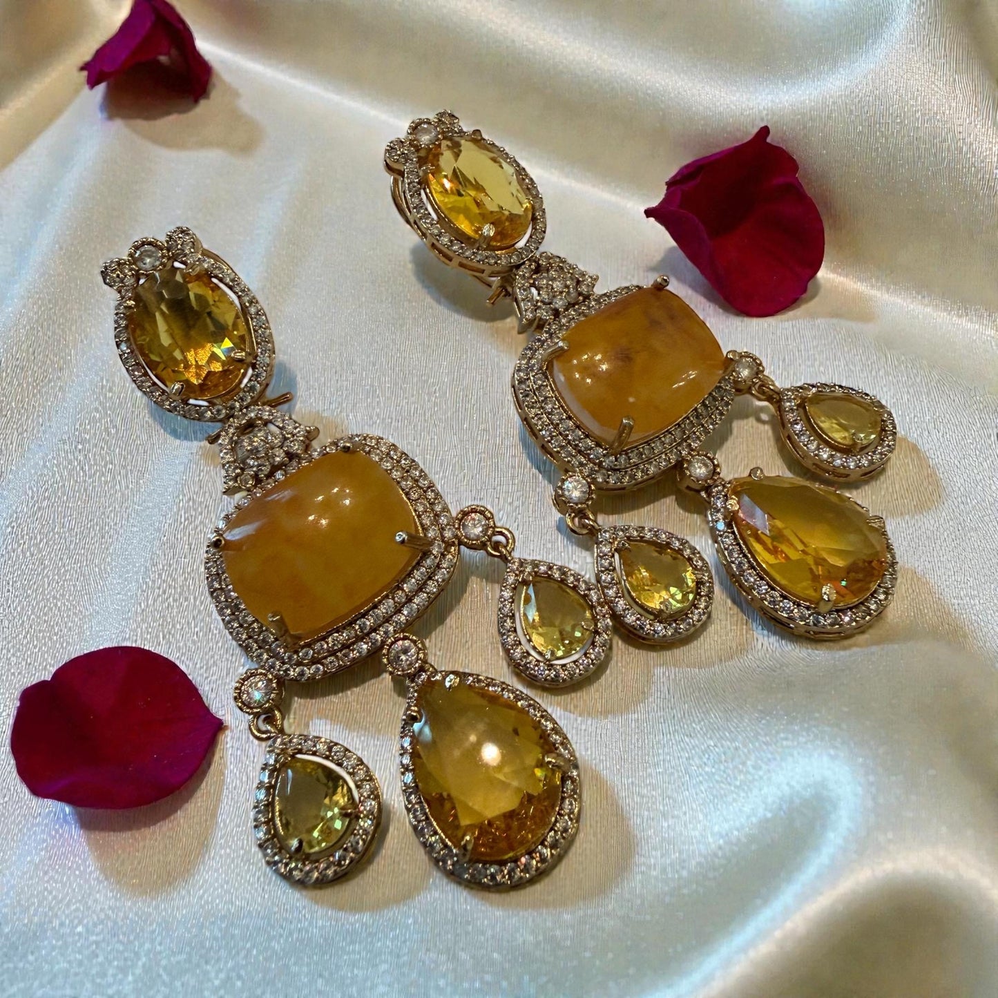 Yellow doublet Drop designer high end Earrings | 22K Gold Plated Bridal/party Jewelry