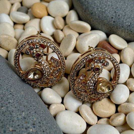 Peacock Motif Round Stud Earrings | Vintage Kundan Style Bird Earrings in Gold Finish