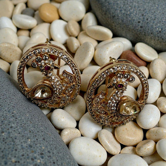 Peacock Motif Round Stud Earrings | Vintage Kundan Style Bird Earrings in Gold Finish