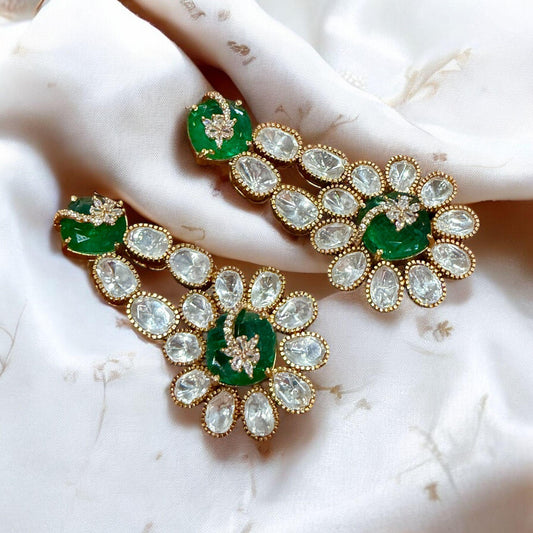 Emerald Green Floral monzonite designer Earrings | Gold CZ Chandelier Statement Earrings | Indian Bridal Jewelry