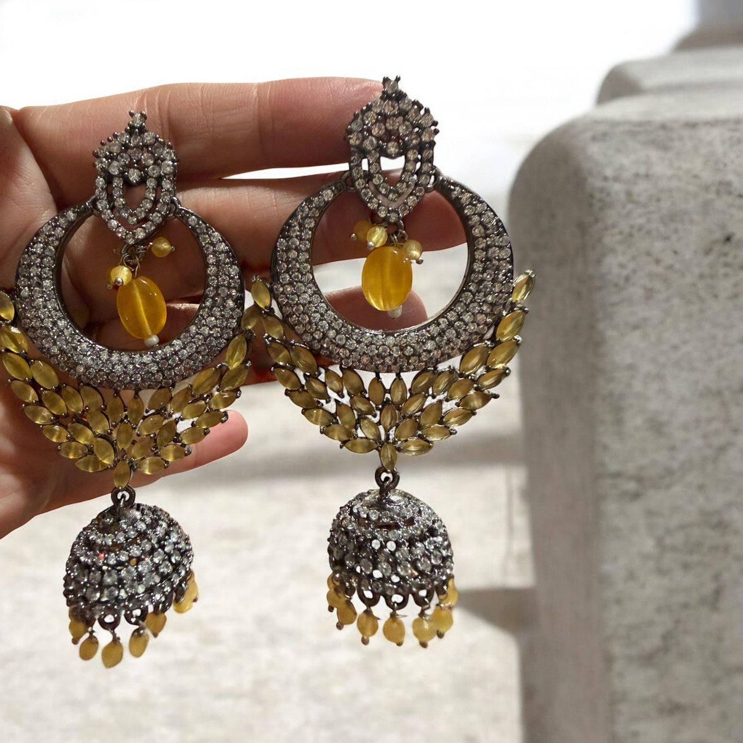 Oxidized Silver Jhumka Earrings | Yellow Bead Chandbali, Indian Jewelry