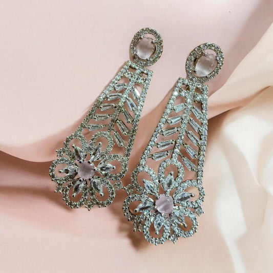 Silver Tone Crystal Chandelier Earrings | Long Bridal Statement Earrings | Vintage Floral Evening Jewelry