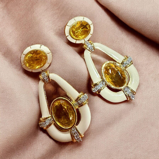 Gold Tone Ivory Drop Earrings | Yellow Crystal Statement Earrings | Elegant women gift |Evening Jewelry