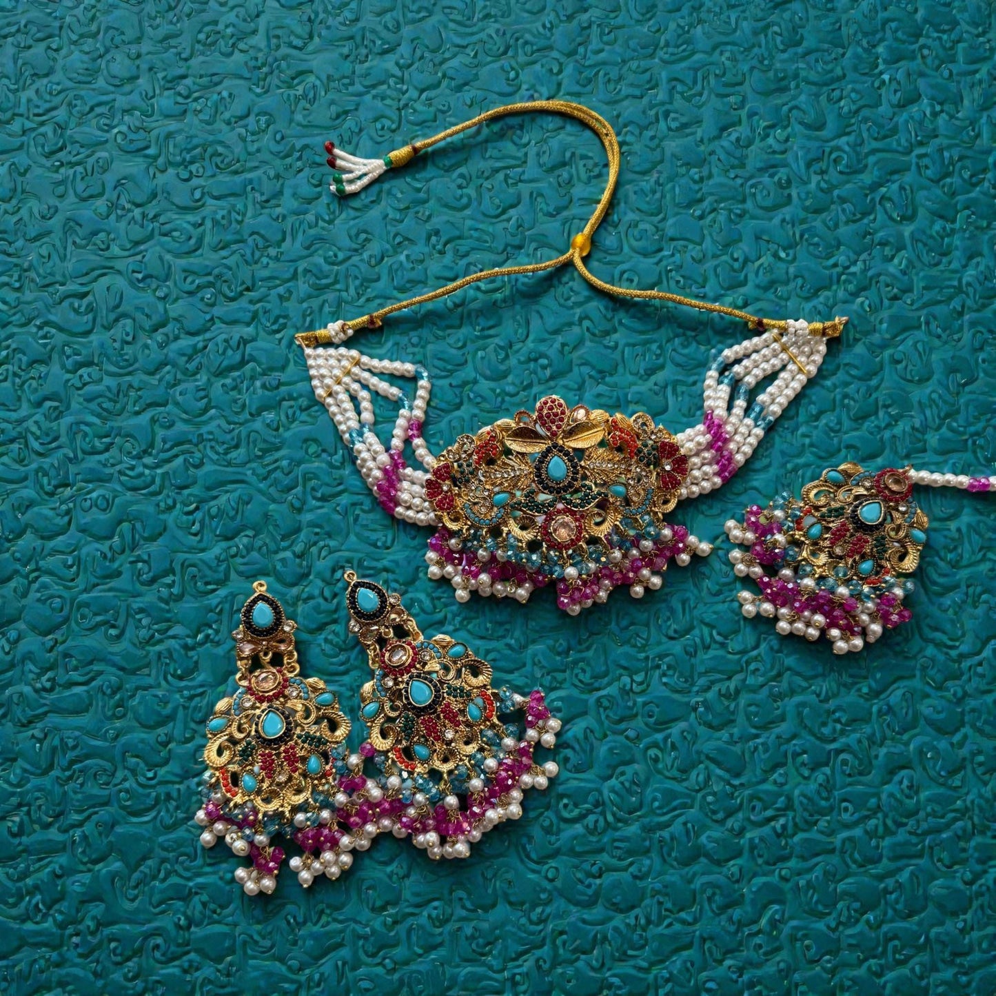 Kundan Pearl Choker Necklace Set with Turquoise Stones, Gold Plated Indian Pakistani Bridal Jewelry