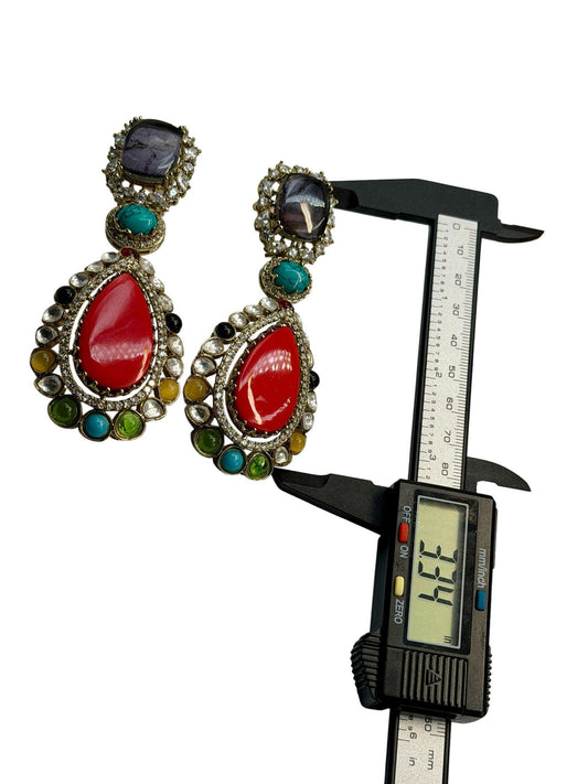 Multi Gemstone Statement Drop Earrings, Gold Plated Luxury Jewelry