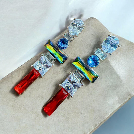 Rainbow Crystal Drop Earrings | Multicolor Geometric Statement Earrings | Modern Luxury Party Jewelry