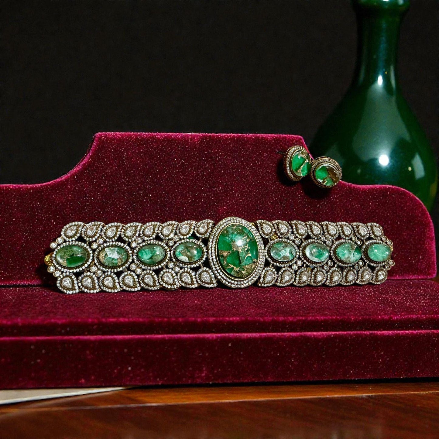 Royal Oval Green Kundan Choker Set | Heritage Bridal Necklace with Matching Stud Earrings