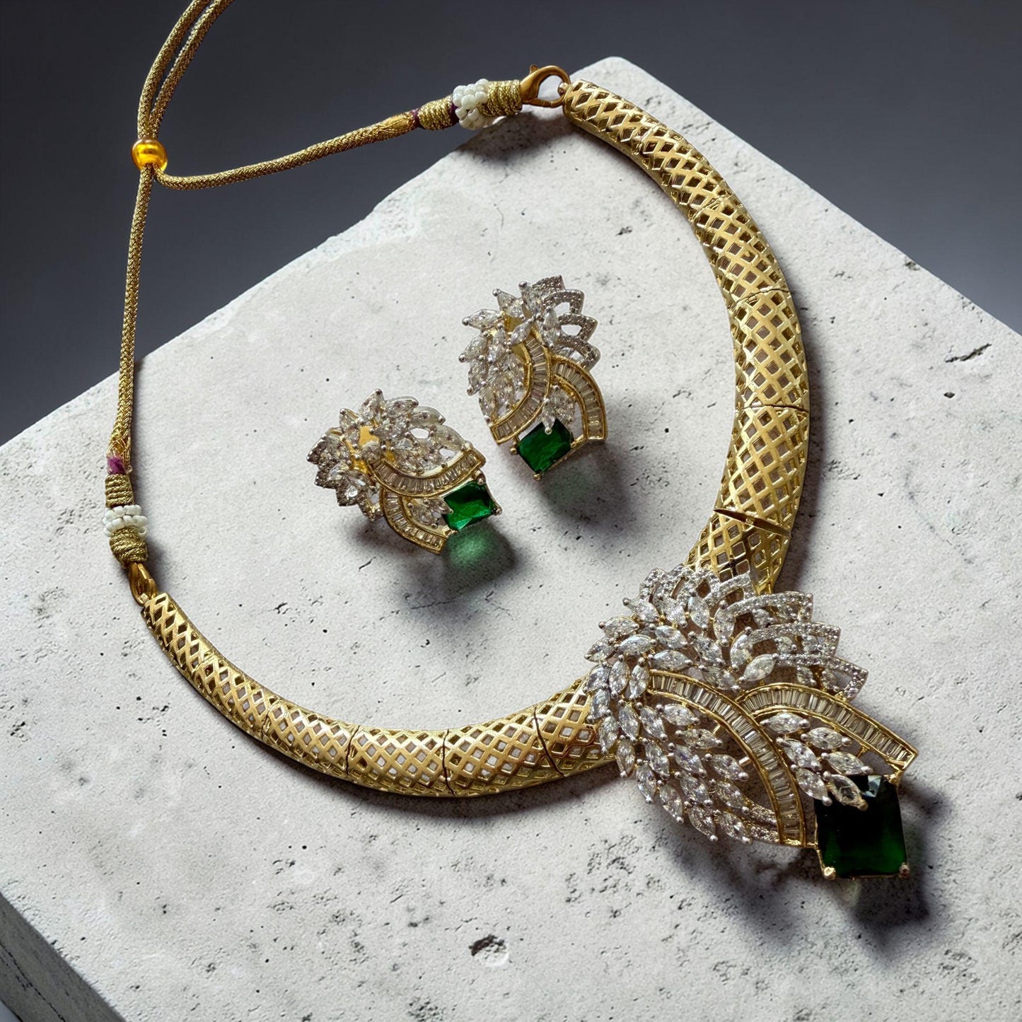 Gold Plated Cz stones Necklace and Earrings Set, Luxury Bridal/party Statement Jewelry