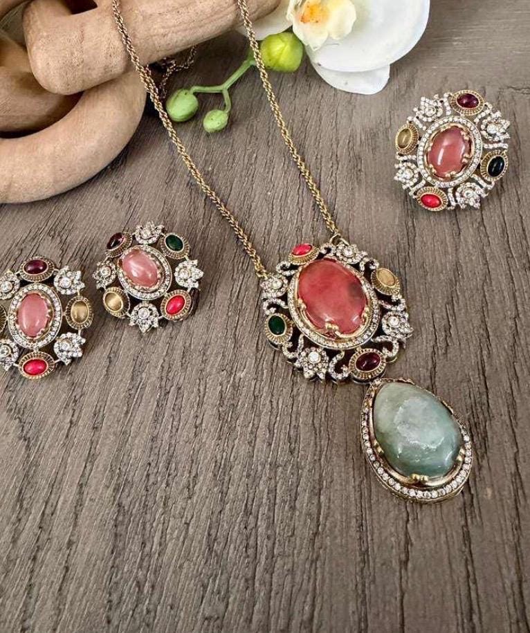 Vintage Style Statement Necklace Earrings and Ring with Oval Pendant , Gold Plated Bridal Jewelry