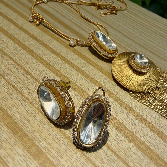 Radiant Disc Tassel Necklace Set with Crystal Accents | Long Fringe Pendant & Matching Earrings