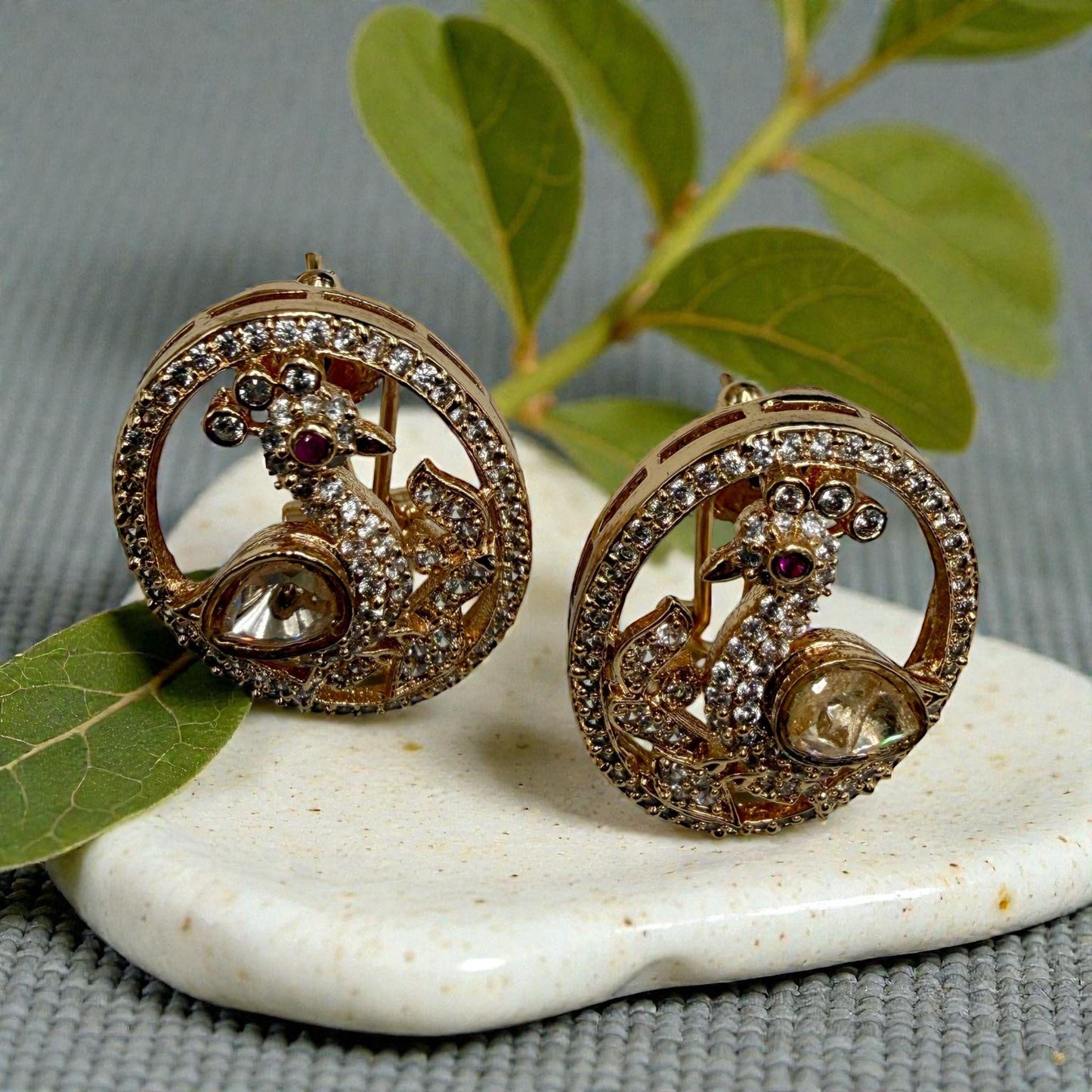 Peacock Motif Round Stud Earrings | Vintage Kundan Style Bird Earrings in Gold Finish