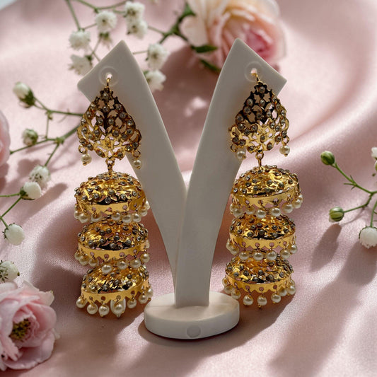 Gold Plated Pearl Jhumka Earrings, CZ Stone Bridal Statement Jewelry