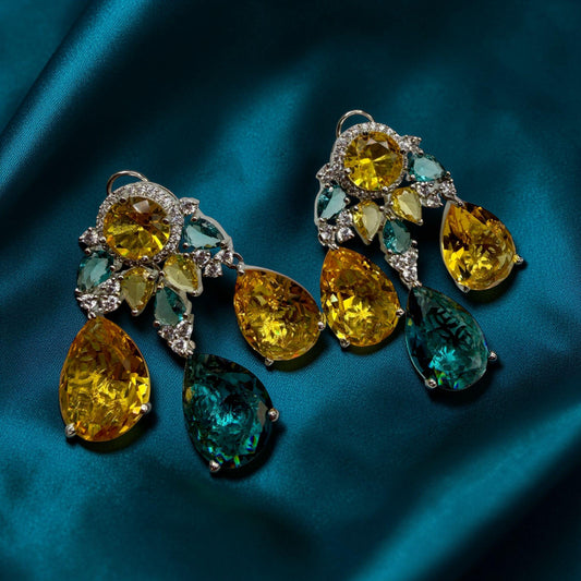 Multi Gemstone Drop Earrings with Yellow Citrine and Teal Quartz, Luxury Statement Jewelry