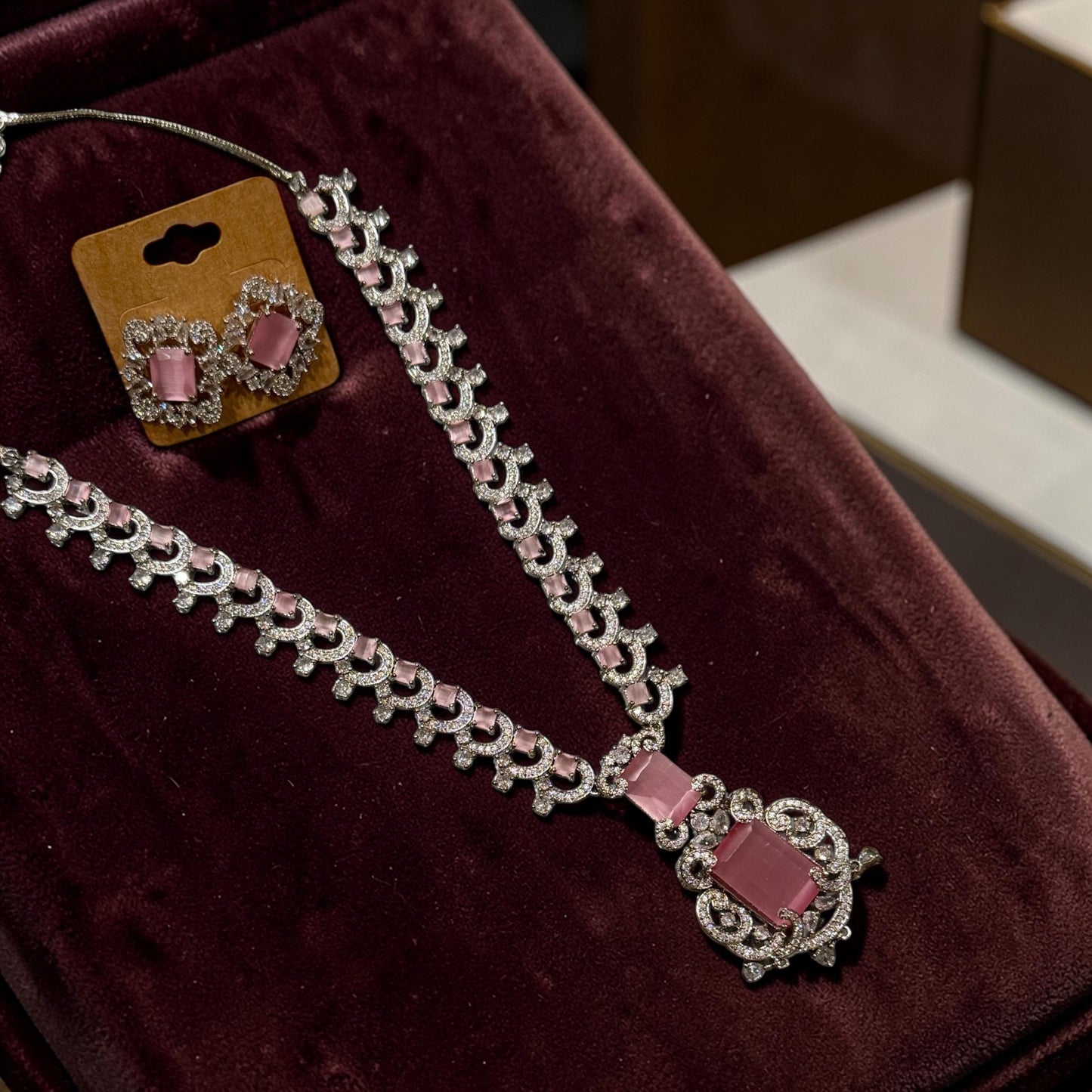 New cubic zarconia ad set with pink stones necklace set