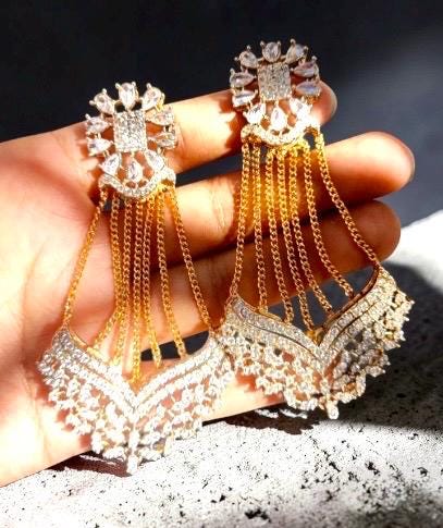 Bollywood Indian Pakistani eid Designer length statement earrings gold finish,Victorian,Ad stones
