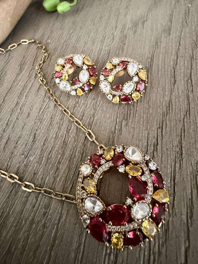 Ruby Red Crystal Necklace Set, Vintage high end Statement Pendant Necklace with studs
