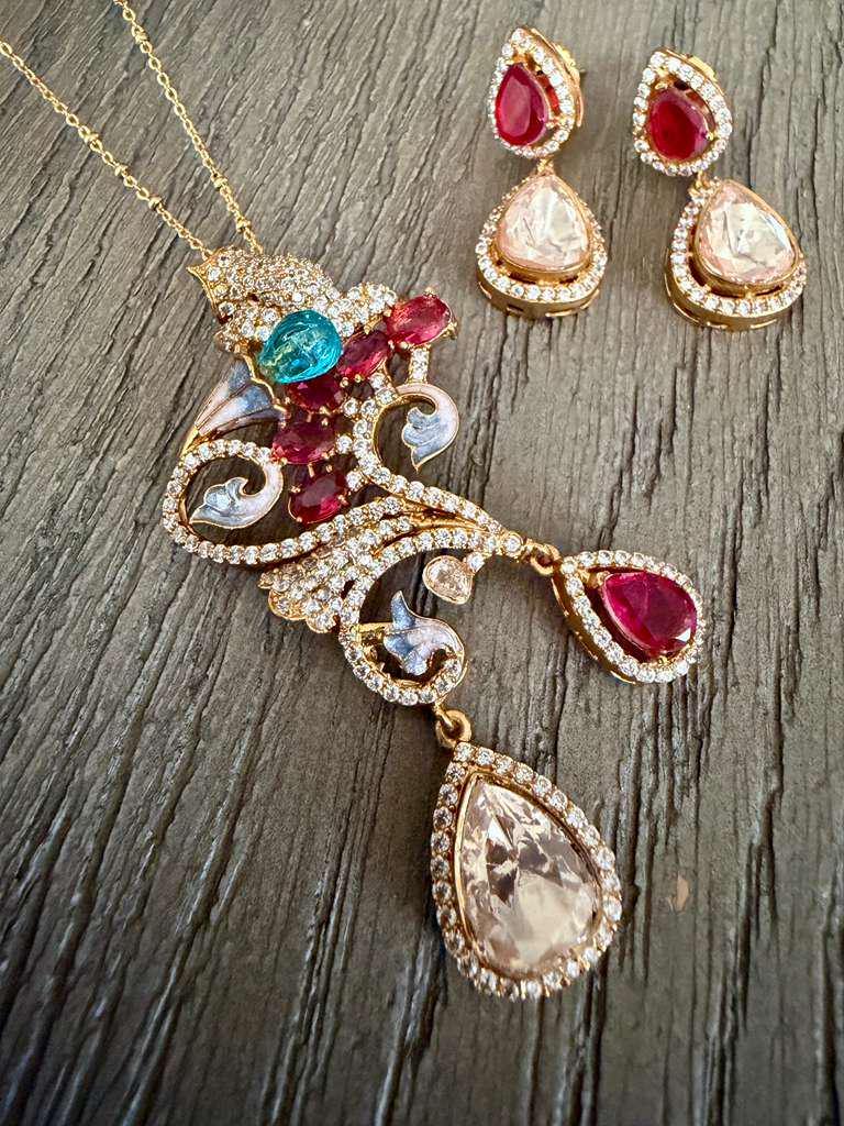 Vintage Crystal Necklace Set, Ruby Teardrop Pendant Necklace with Earrings