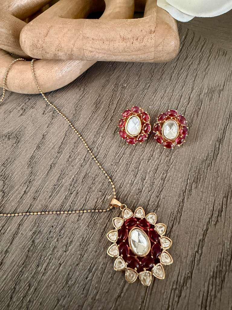 Ruby Red Pendant Necklace Set, Vintage Gold Statement Necklace with Earrings