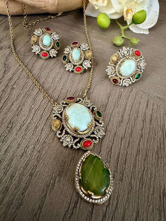 Vintage Gemstone Pendant Necklace Set, Multicolor Statement Necklace with Earrings and Ring