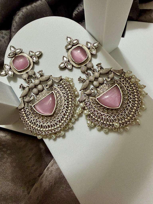 Statement Chandbali Earrings Vintage Silver Tone Dangle Earrings Ethnic Bridal Jewelry