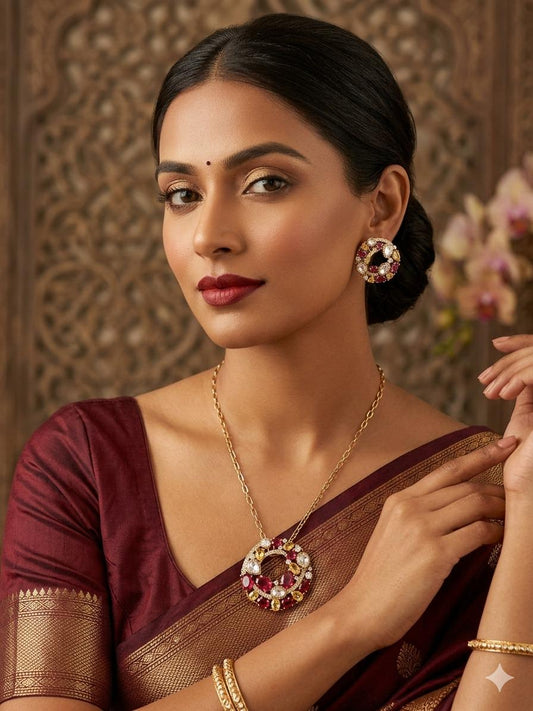 Ruby Red Crystal Necklace Set, Vintage high end Statement Pendant Necklace with studs