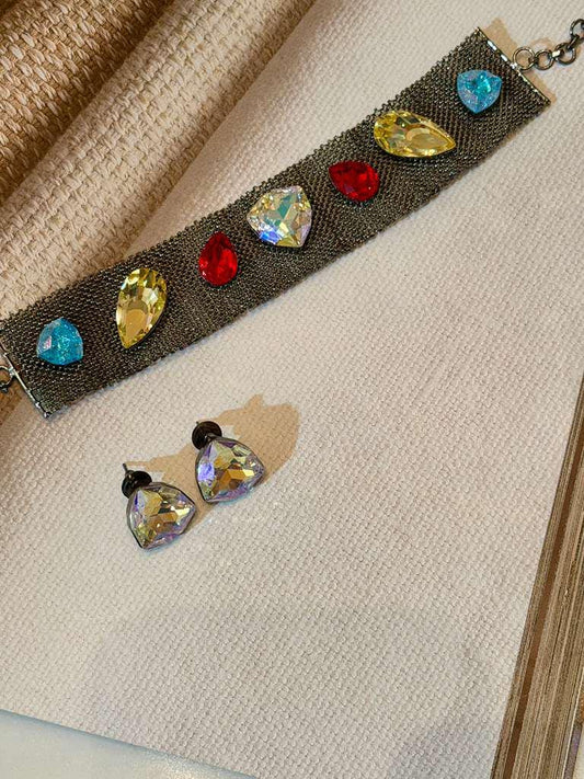 Colorful Gem choker with Earrings Jewelry Trendy