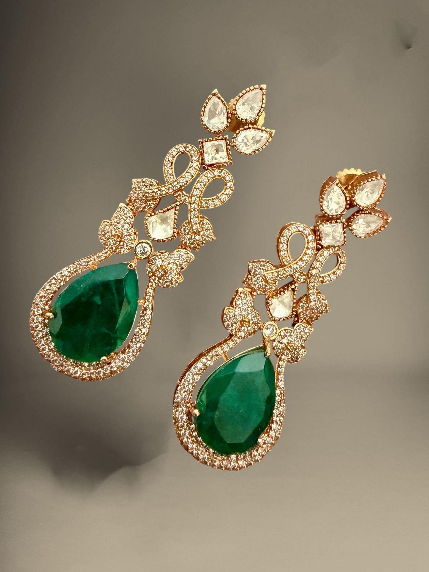 Green Teardrop Statement Earrings, Vintage Gold Drop Earrings,