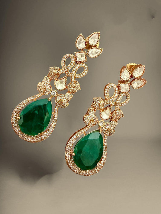 Green Teardrop Statement Earrings, Vintage Gold Drop Earrings,
