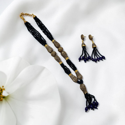Black Beaded Tassel Necklace Set with Earrings – Antique Gold Boho Ethnic Jewelry