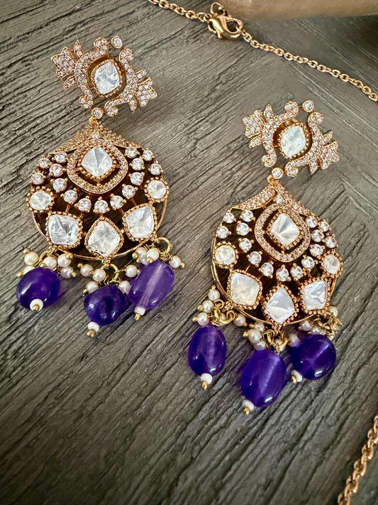 Vintage Pendant Necklace Set, Purple Bead Statement Jewelry, Gold Bridal Necklace with Earrings