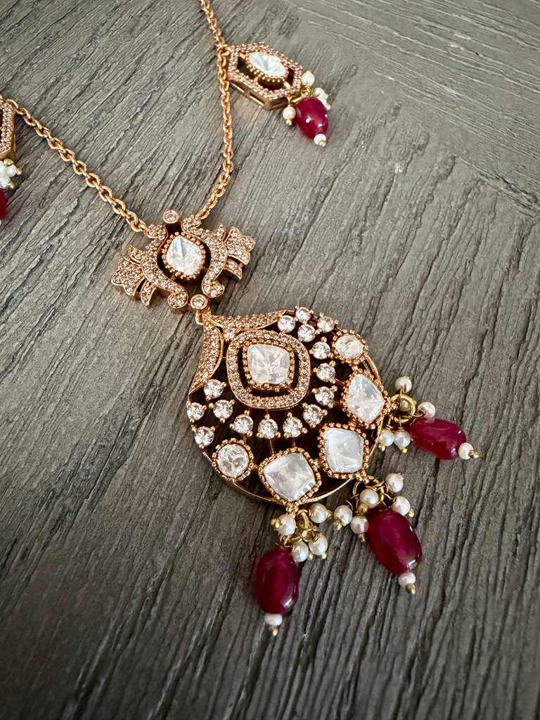 Vintage Pendant Necklace Set, Purple Bead Statement Jewelry, Gold Bridal Necklace with Earrings