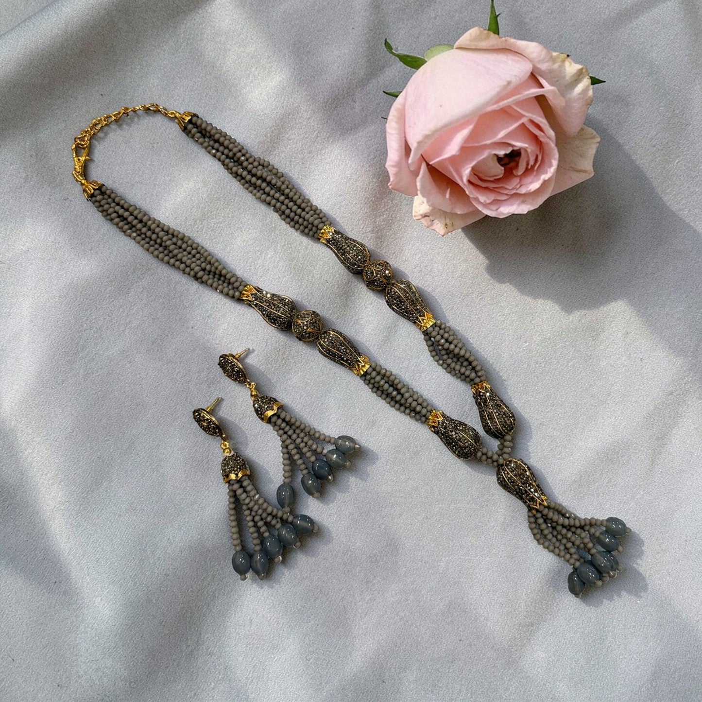 Black Beaded Tassel Necklace Set with Earrings – Antique Gold Boho Ethnic Jewelry