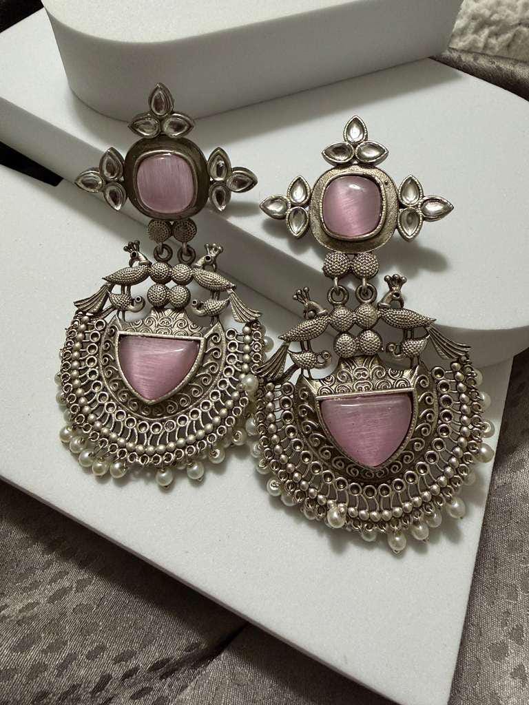 Statement Chandbali Earrings Vintage Silver Tone Dangle Earrings Ethnic Bridal Jewelry