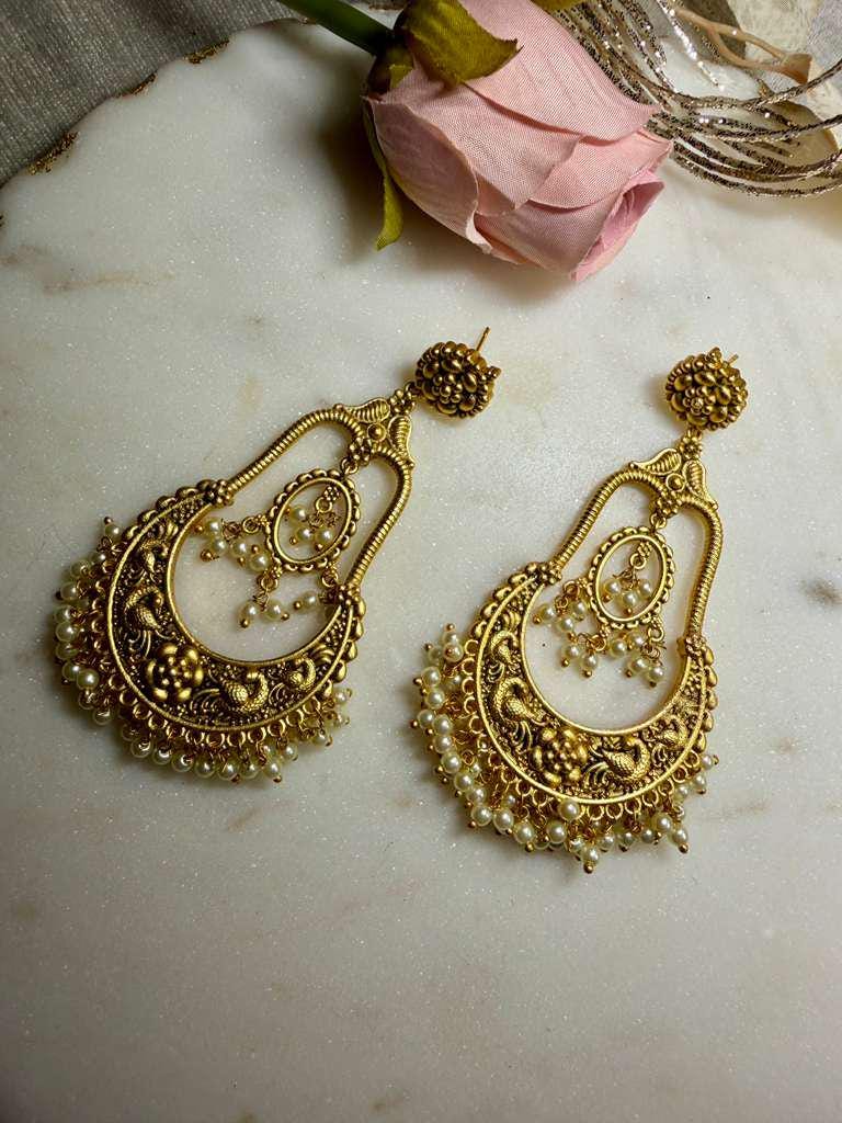 Gold Tone Chandbali Earrings Pearl Ethnic Earrings
