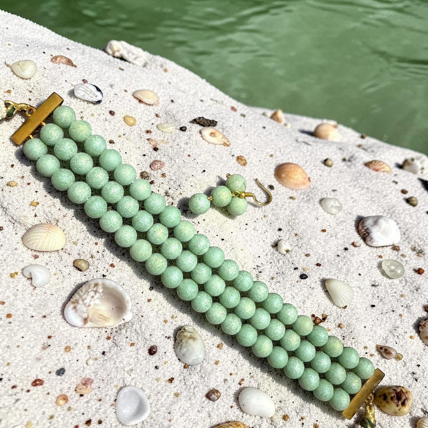 Green Beaded Choker Set: Multi Strand Bracelet, Drop Earrings, Minimalist Everyday Jewelry