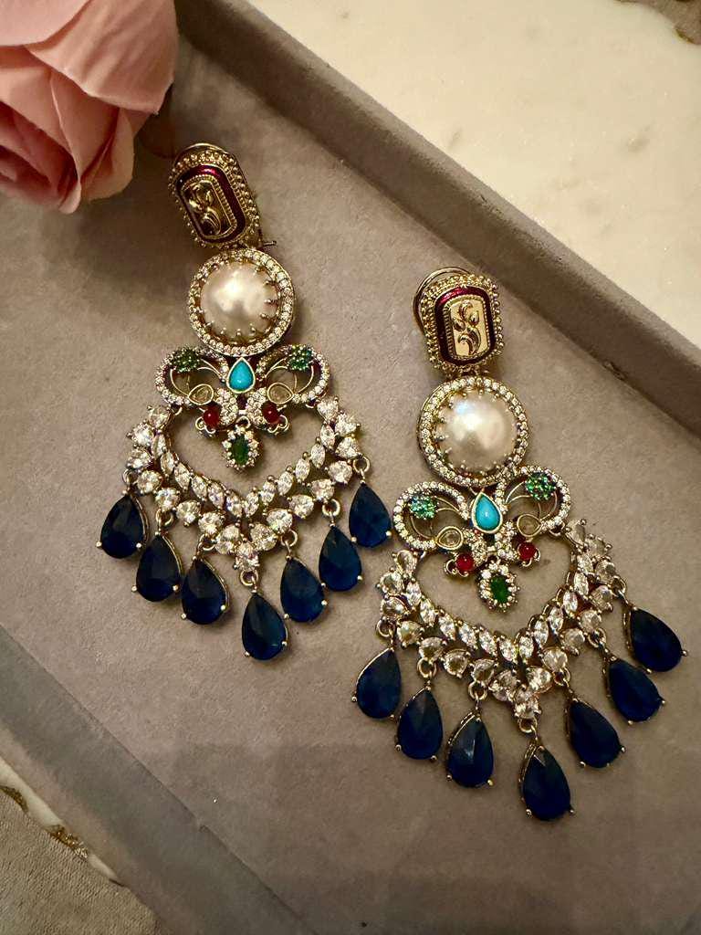 Gold Tone Blue Chandelier Earrings Pearl Statement Earrings