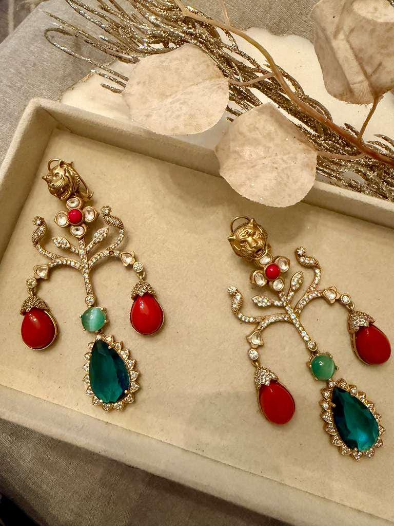 Gold Tone Tiger Motif Red & Green Gemstone Drop Earrings