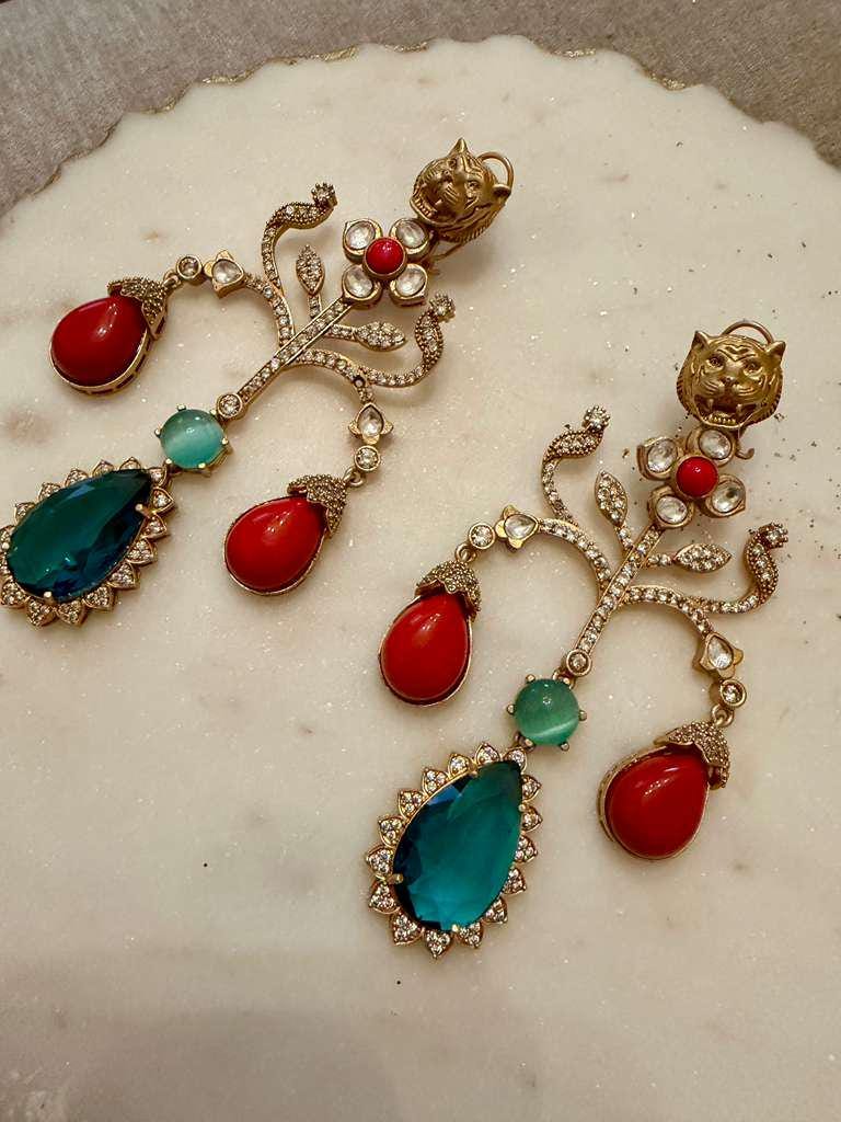 Gold Tone Tiger Motif Red & Green Gemstone Drop Earrings